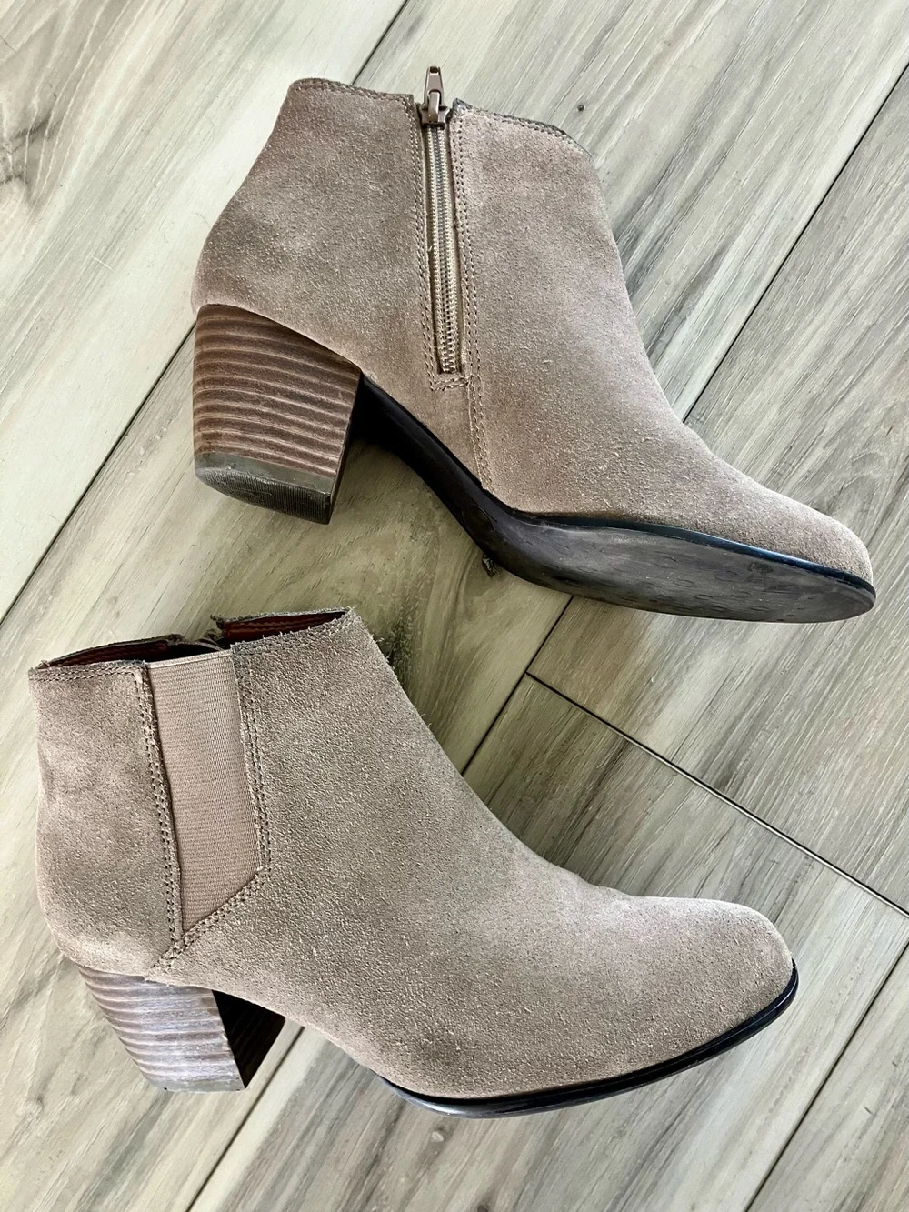 Lucky Brand Taupe Suede Ankle Booties with Stacked Heel